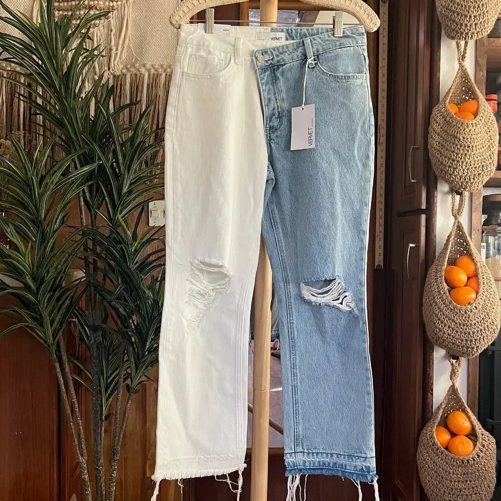 VERVET Norah Crossover Fly Colorblock Jeans 27 High Rise Straight Two Tone NWT - Picture 4 of 12